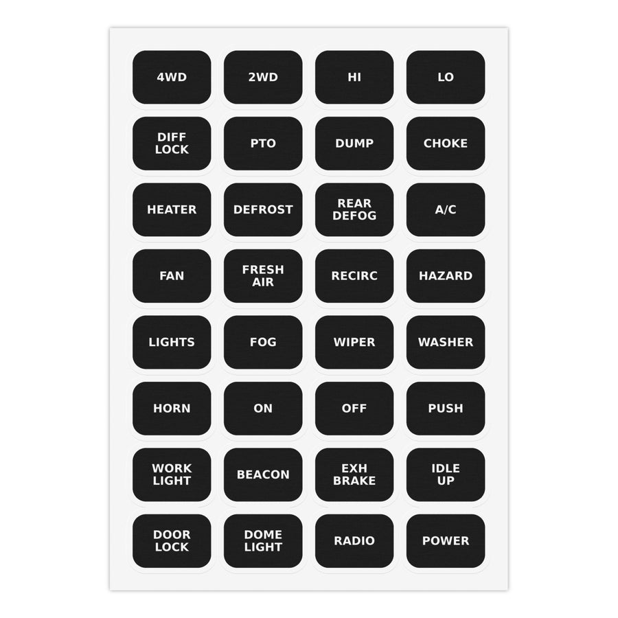 Kei Truck Dash Label Stickers — 32 English Switch & Control Labels for Japanese Mini Trucks