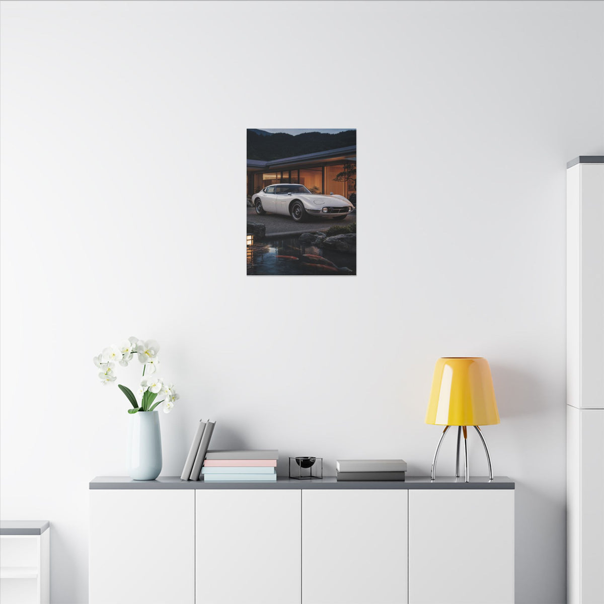 Toyota 2000GT Canvas Wall Art — Koi Pond Villa Photoreal Classic JDM Car Art