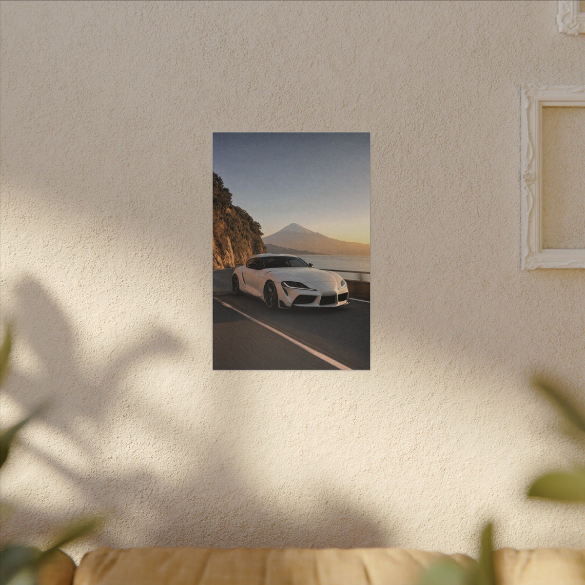 Toyota GR Supra A90 Canvas Wall Art — Mt. Fuji Coast Photoreal JDM Car Art