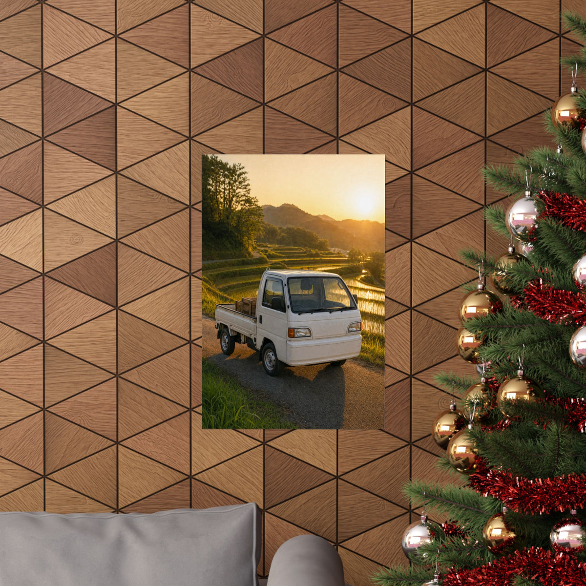 Honda Acty Kei Truck Poster — Rice Terrace Sunset Photoreal JDM Wall Art