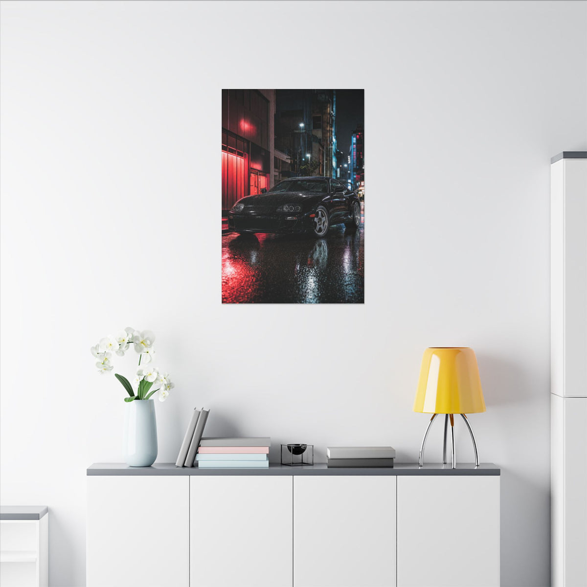 Toyota Supra MK4 Canvas Wall Art — Tokyo Night Rain Photoreal JDM Car Art