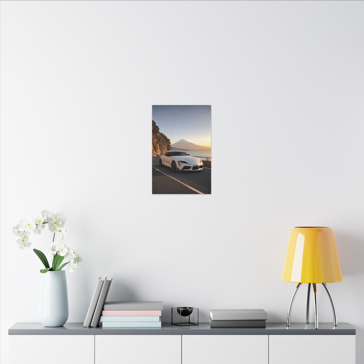 Toyota GR Supra A90 Canvas Wall Art — Mt. Fuji Coast Photoreal JDM Car Art