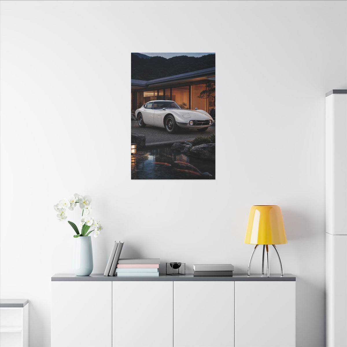Toyota 2000GT Canvas Wall Art — Koi Pond Villa Photoreal Classic JDM Car Art