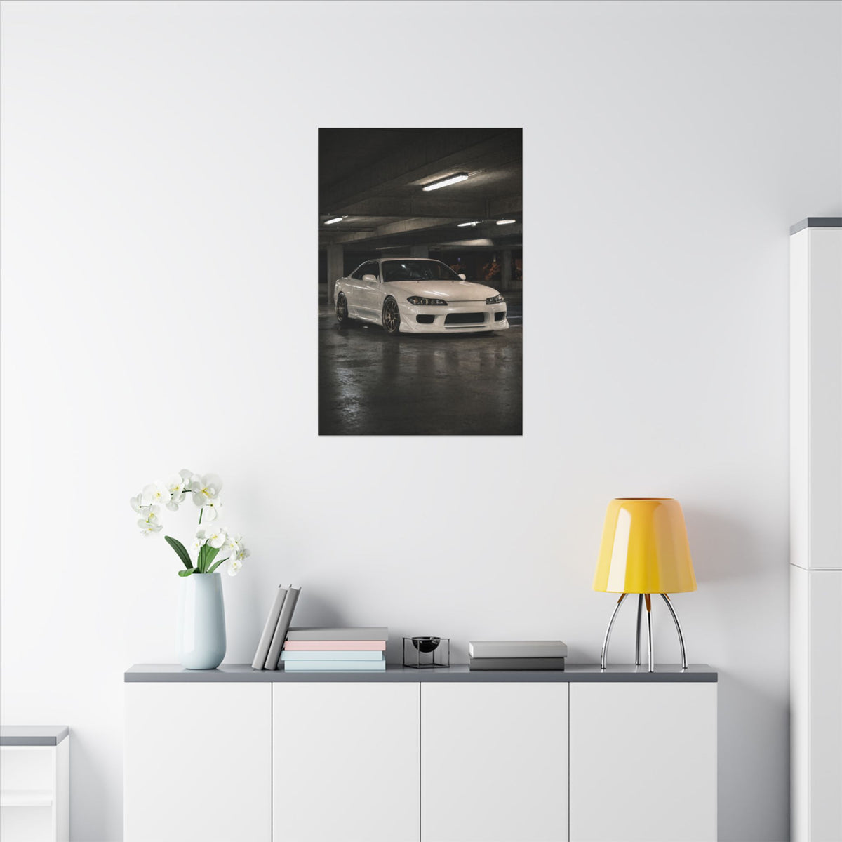 Nissan Silvia S15 Canvas Wall Art — Tokyo Parking Garage Photoreal JDM Car Art