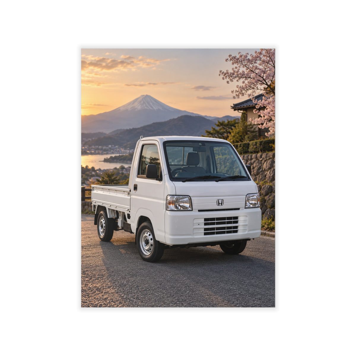 Mini Truck Wall Decal – Japanese Kei Truck with Mt. Fuji & Cherry Blossoms Scenic Sticker