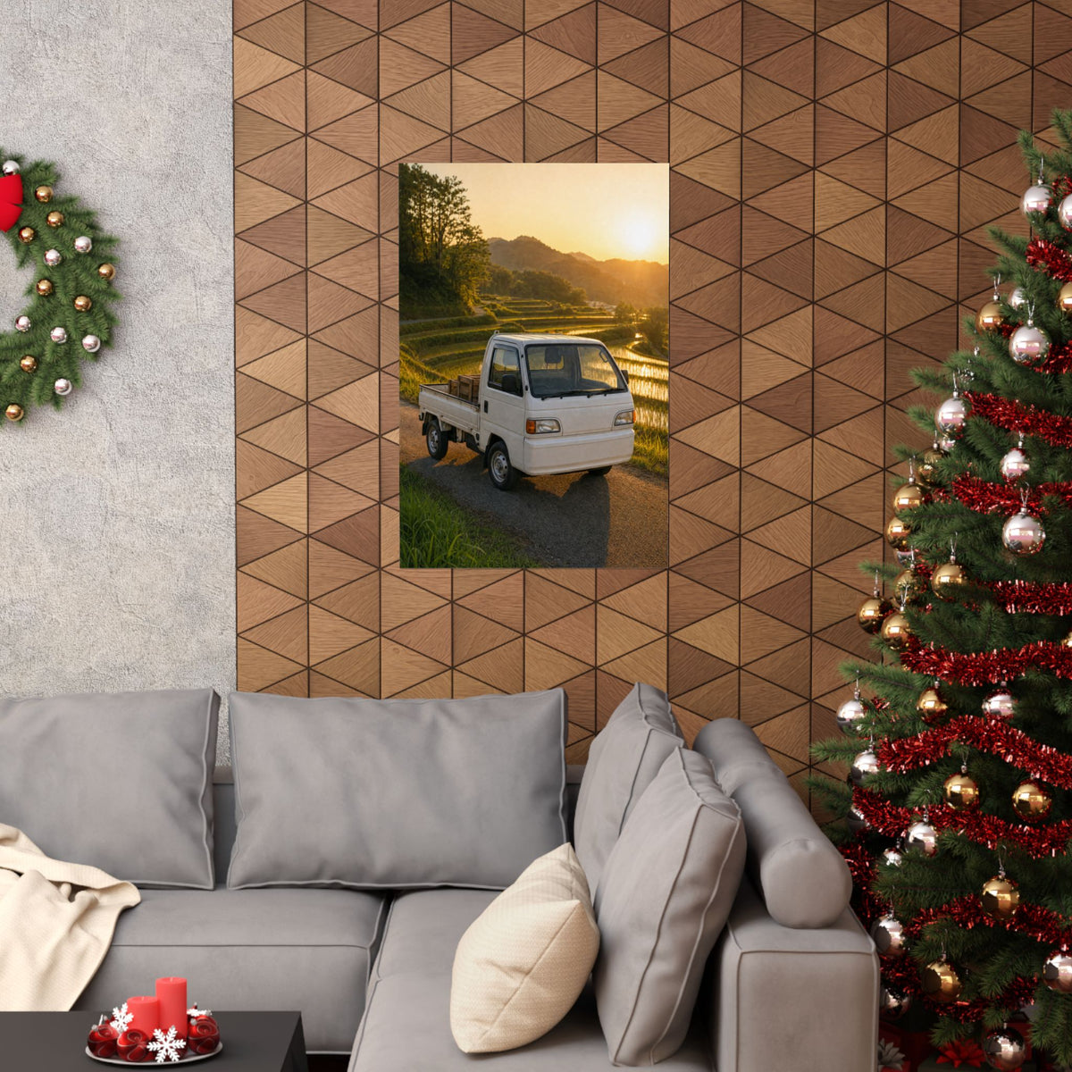 Honda Acty Kei Truck Poster — Rice Terrace Sunset Photoreal JDM Wall Art