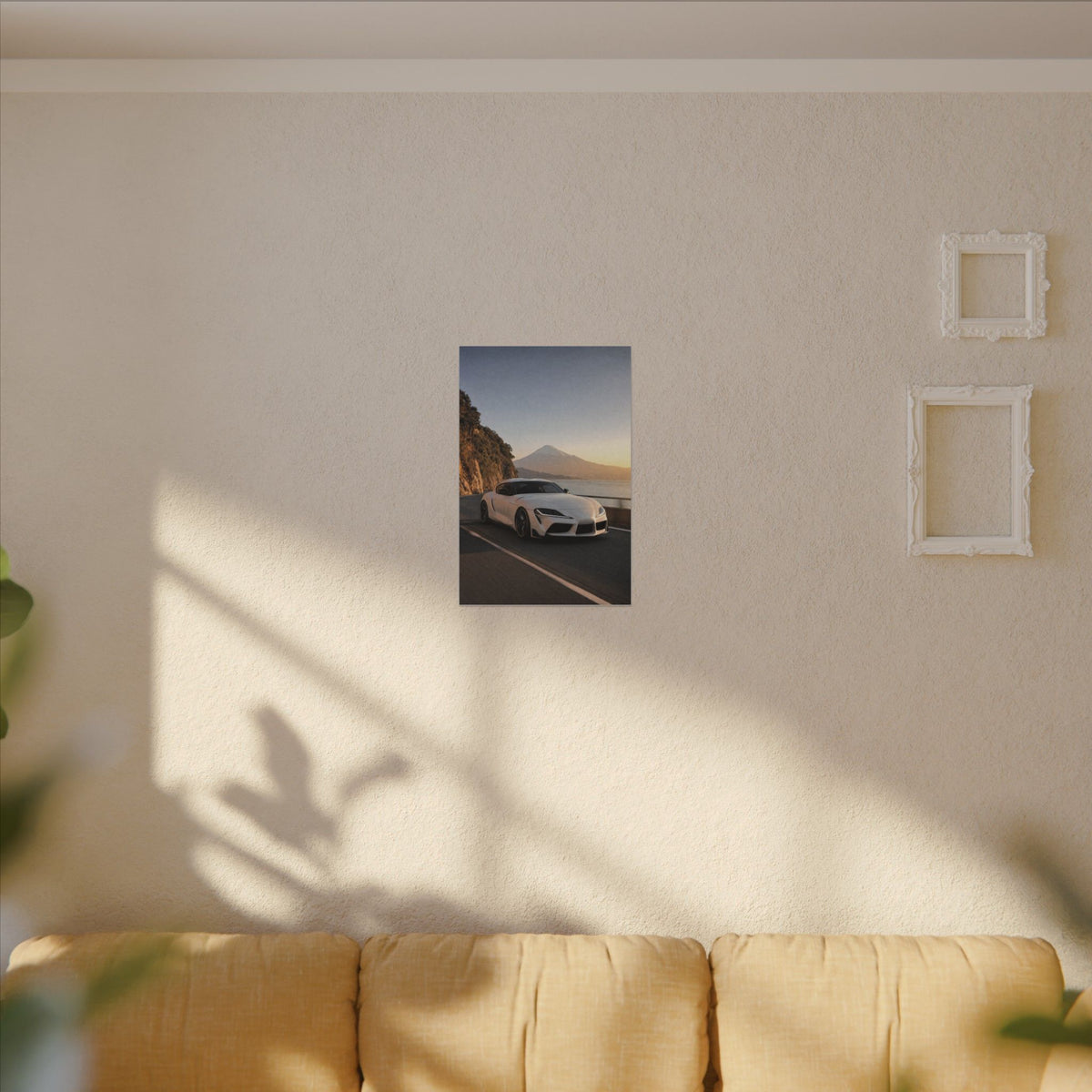 Toyota GR Supra A90 Canvas Wall Art — Mt. Fuji Coast Photoreal JDM Car Art