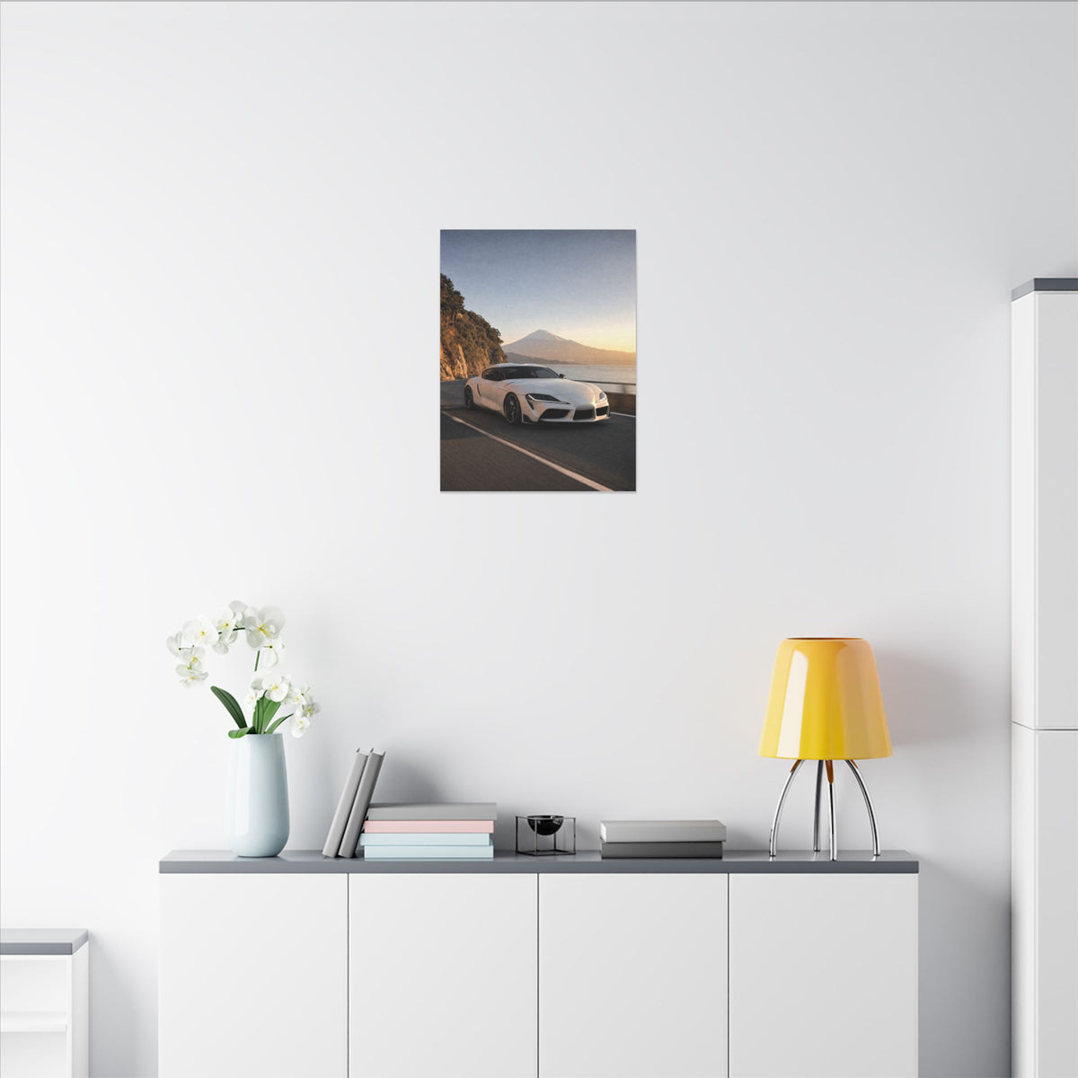 Toyota GR Supra A90 Canvas Wall Art — Mt. Fuji Coast Photoreal JDM Car Art