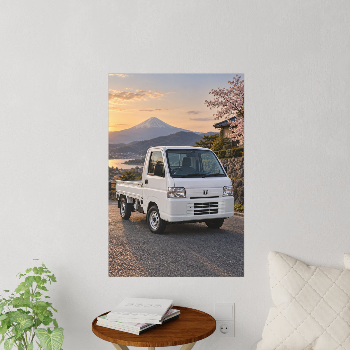 Mini Truck Wall Decal – Japanese Kei Truck with Mt. Fuji & Cherry Blossoms Scenic Sticker