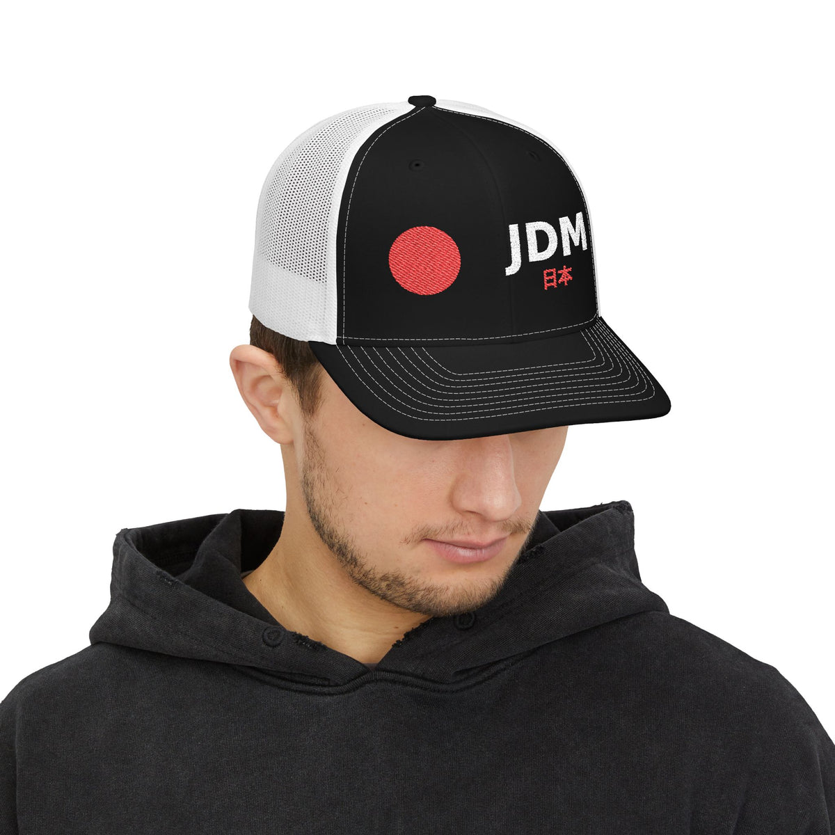 JDM Red Sun Hat — Embroidered JDM 日本 Snapback Trucker Cap