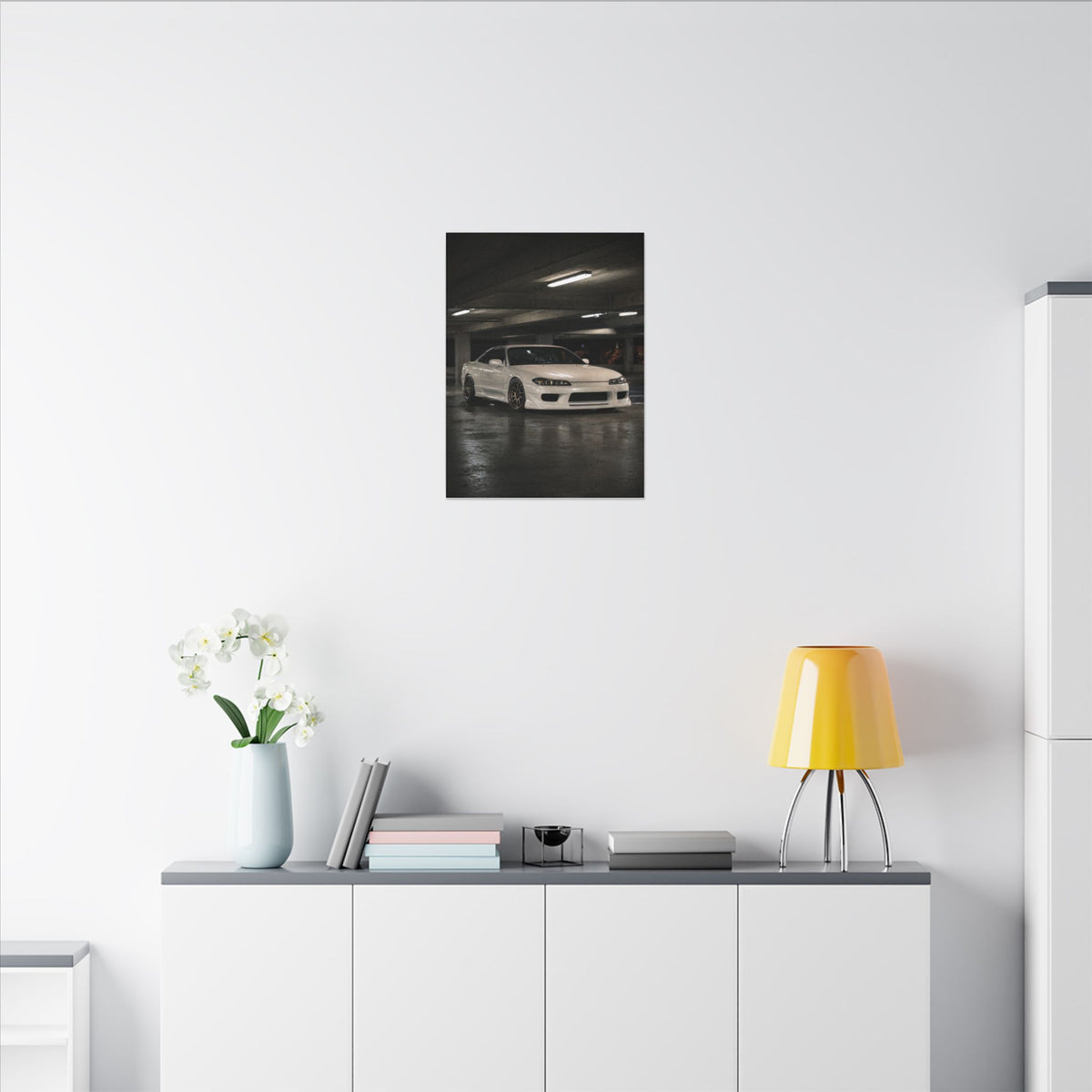 Nissan Silvia S15 Canvas Wall Art — Tokyo Parking Garage Photoreal JDM Car Art