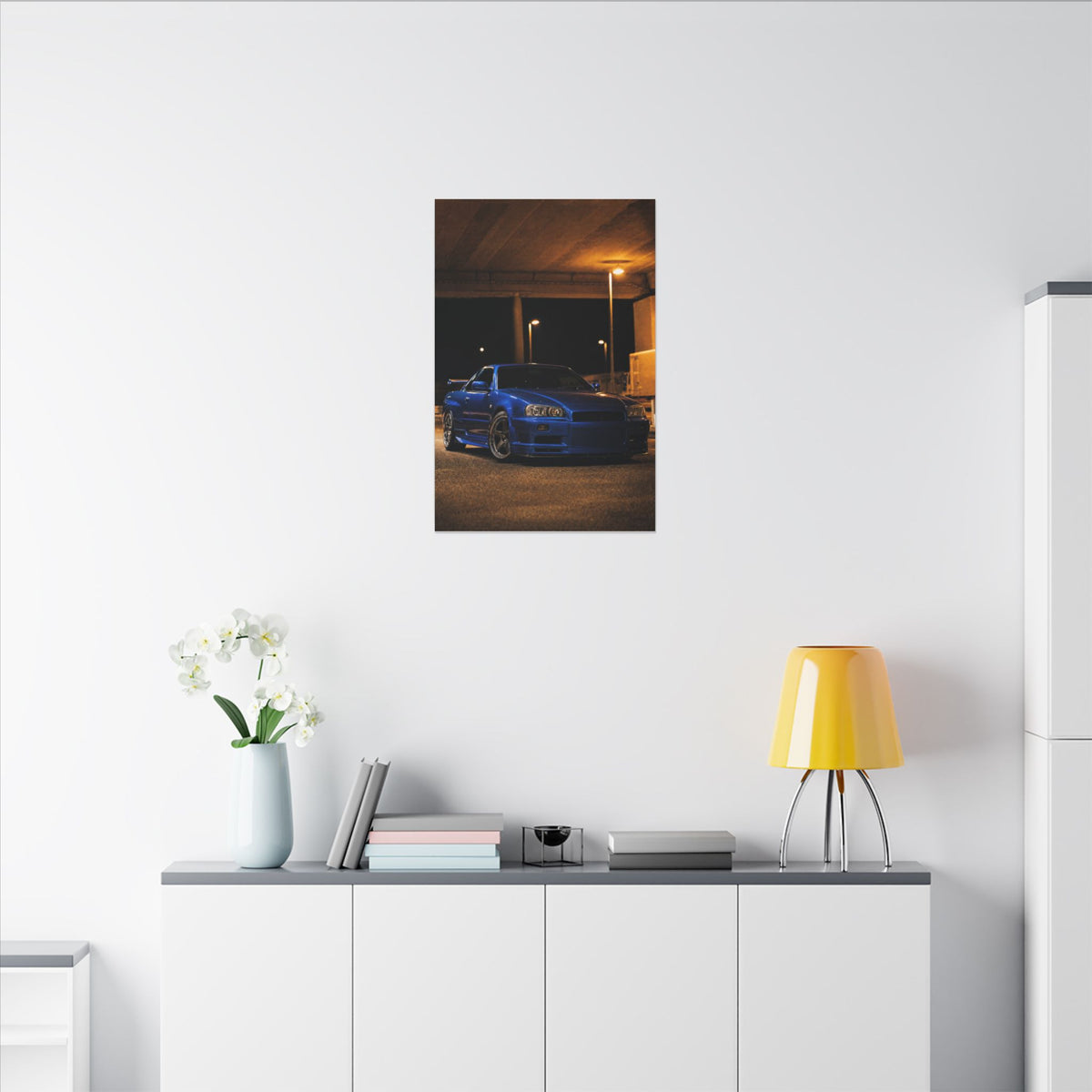 Nissan Skyline GT-R R34 Canvas Wall Art — Bayside Blue Night Photoreal JDM Car Art