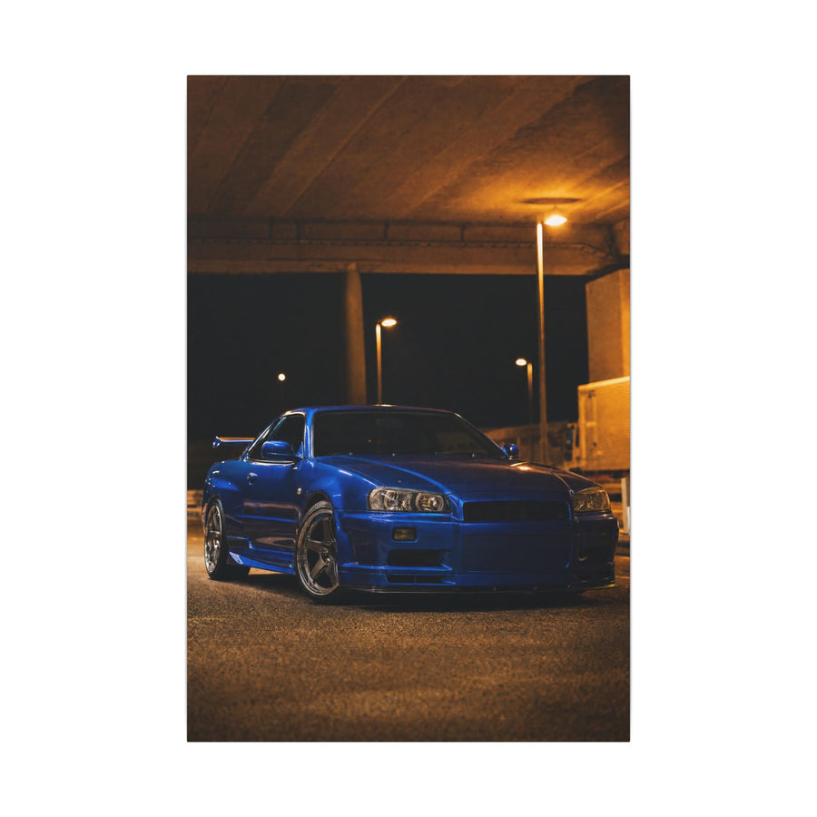 Nissan Skyline GT-R R34 Canvas Wall Art — Bayside Blue Night Photoreal JDM Car Art