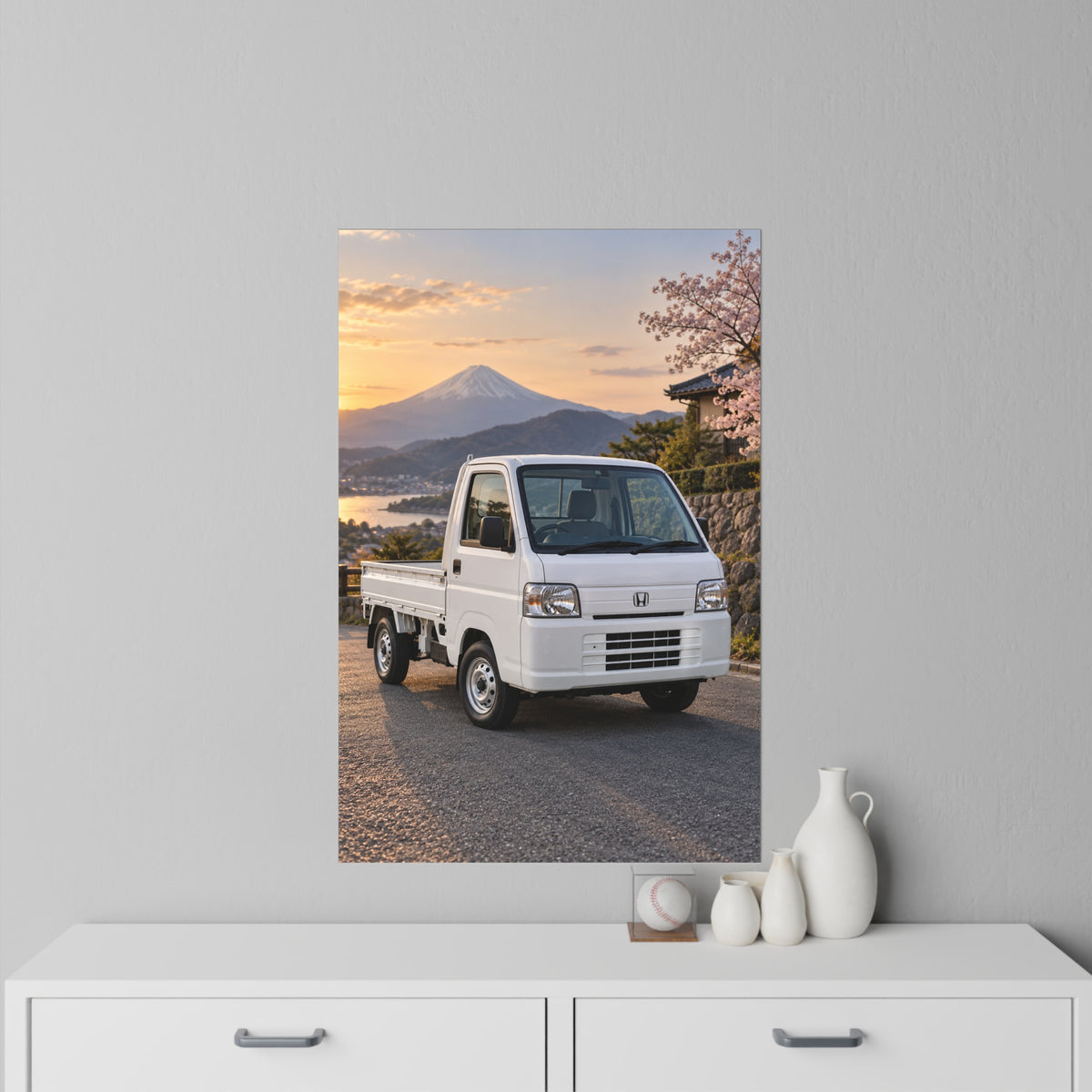 Mini Truck Wall Decal – Japanese Kei Truck with Mt. Fuji & Cherry Blossoms Scenic Sticker