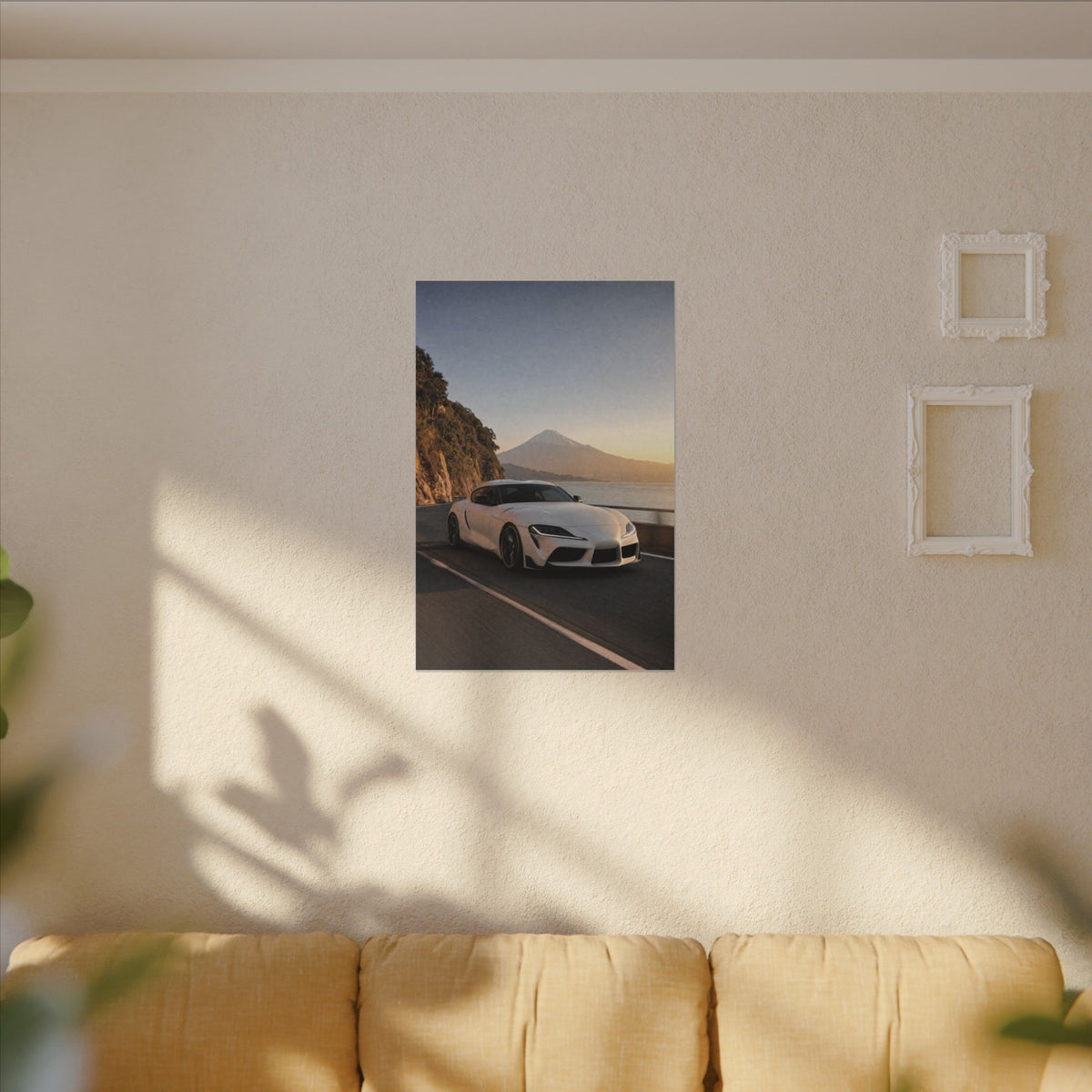 Toyota GR Supra A90 Canvas Wall Art — Mt. Fuji Coast Photoreal JDM Car Art