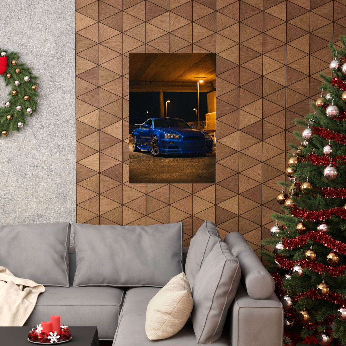 Nissan Skyline GT-R R34 Poster — Bayside Blue Night Photoreal JDM Wall Art