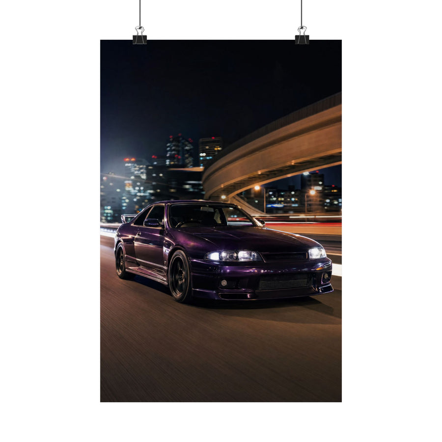 Nissan Skyline GT-R R33 Poster — Midnight Purple Wangan Photoreal JDM Wall Art