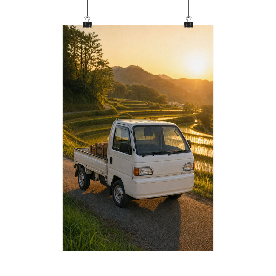 Honda Acty Kei Truck Poster — Rice Terrace Sunset Photoreal JDM Wall Art