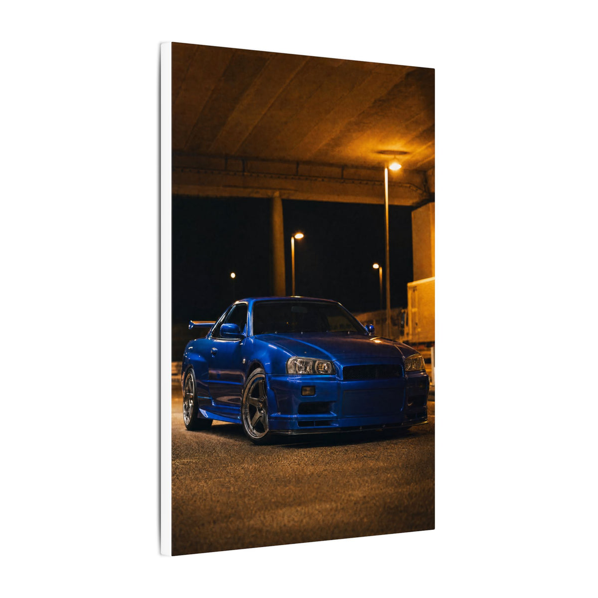 Nissan Skyline GT-R R34 Canvas Wall Art — Bayside Blue Night Photoreal JDM Car Art
