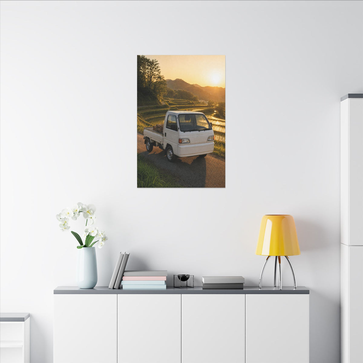 Honda Acty Kei Truck Canvas Wall Art — Rice Terrace Sunset Photoreal JDM Car Art