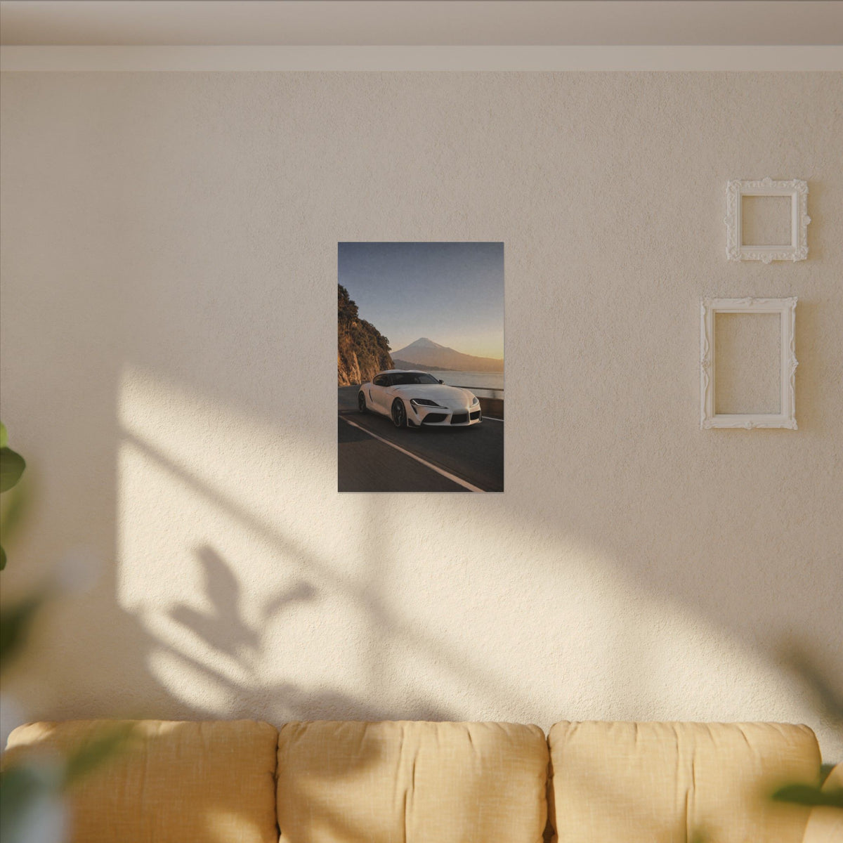 Toyota GR Supra A90 Canvas Wall Art — Mt. Fuji Coast Photoreal JDM Car Art