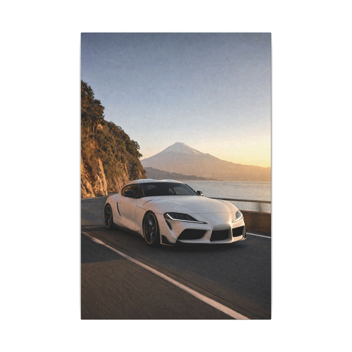 Toyota GR Supra A90 Canvas Wall Art — Mt. Fuji Coast Photoreal JDM Car Art