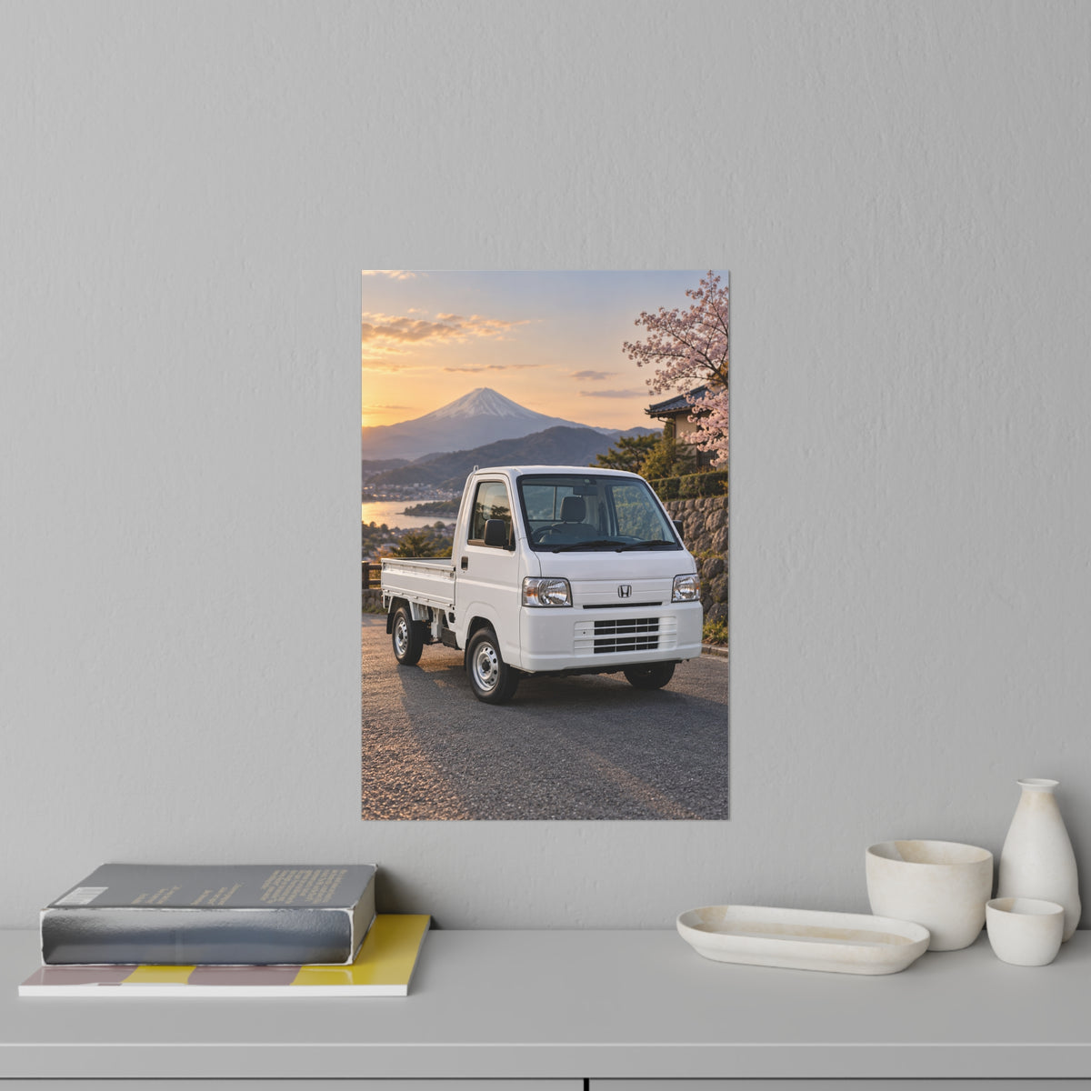Mini Truck Wall Decal – Japanese Kei Truck with Mt. Fuji & Cherry Blossoms Scenic Sticker