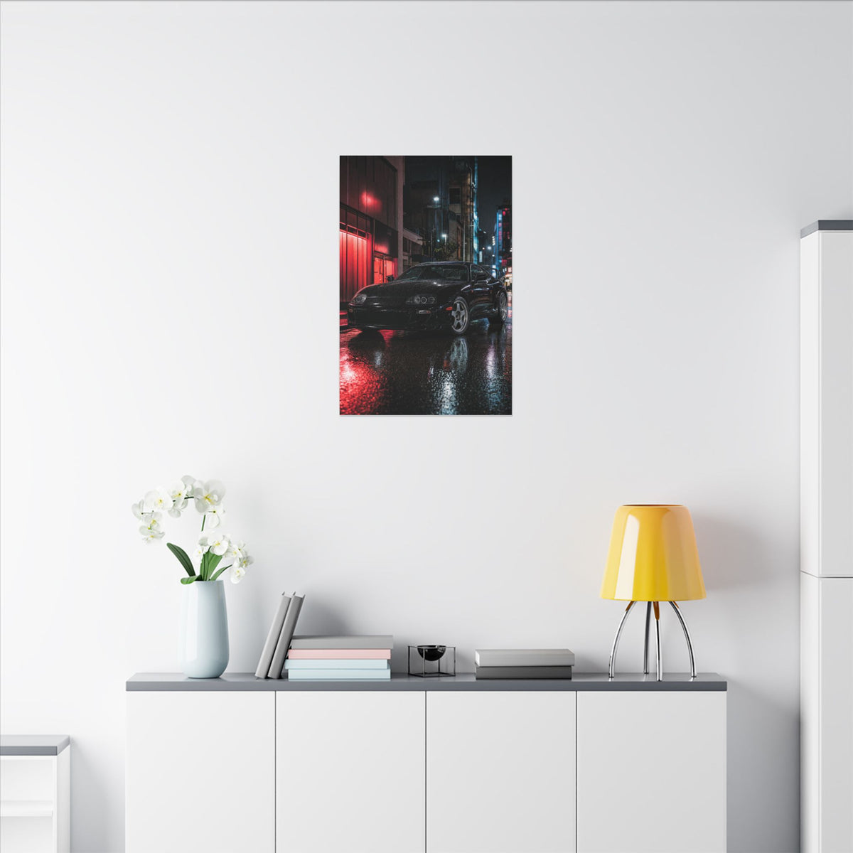 Toyota Supra MK4 Canvas Wall Art — Tokyo Night Rain Photoreal JDM Car Art