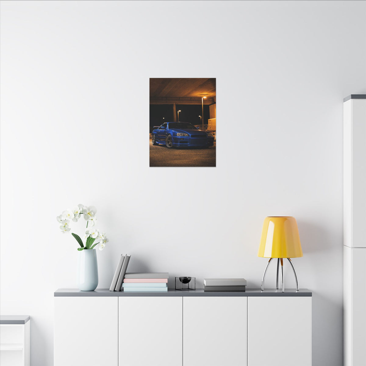 Nissan Skyline GT-R R34 Canvas Wall Art — Bayside Blue Night Photoreal JDM Car Art