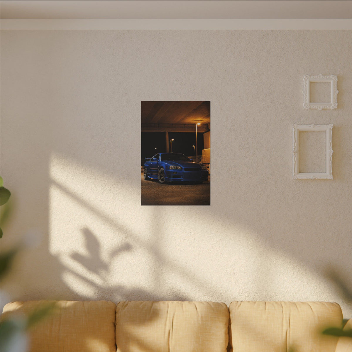 Nissan Skyline GT-R R34 Canvas Wall Art — Bayside Blue Night Photoreal JDM Car Art