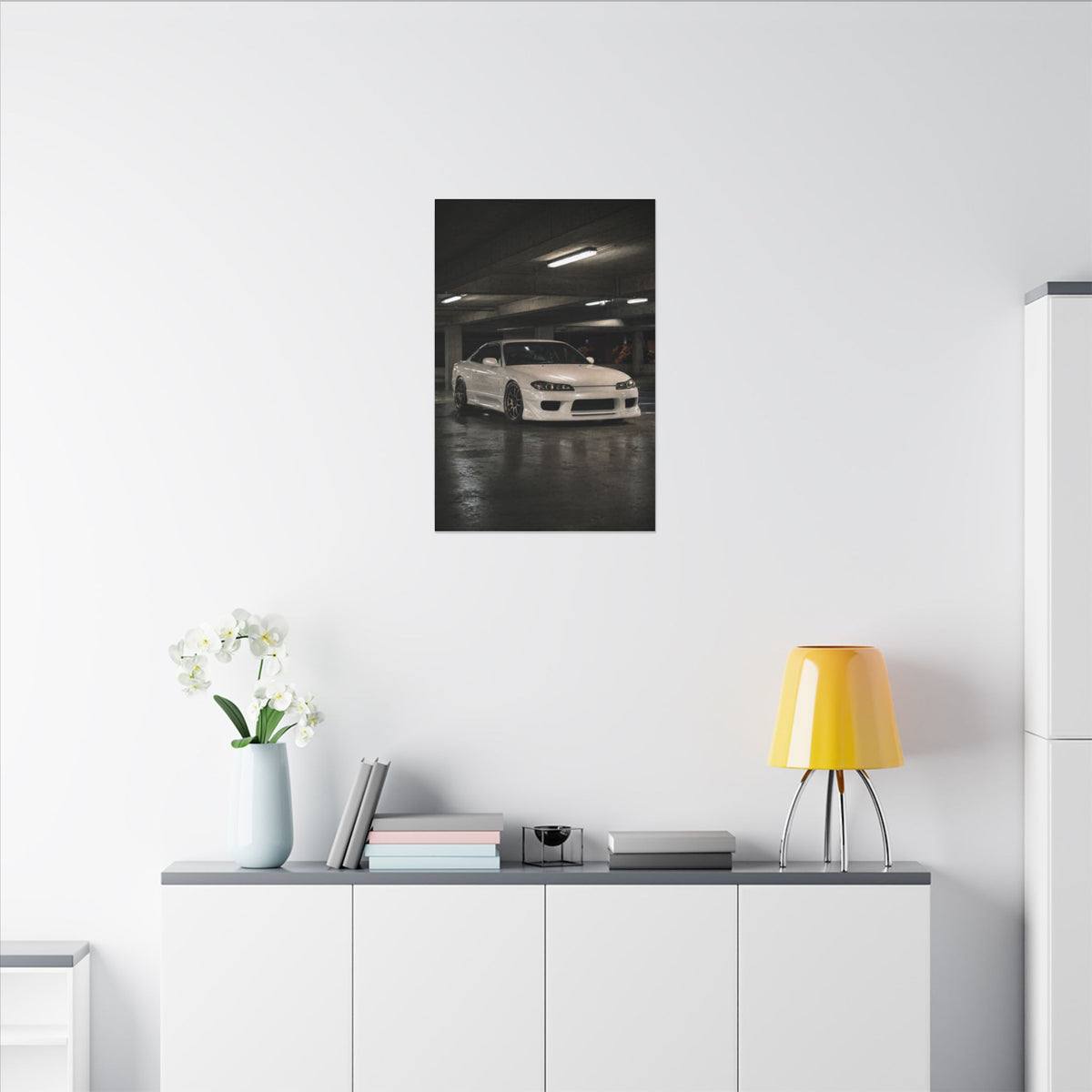 Nissan Silvia S15 Canvas Wall Art — Tokyo Parking Garage Photoreal JDM Car Art