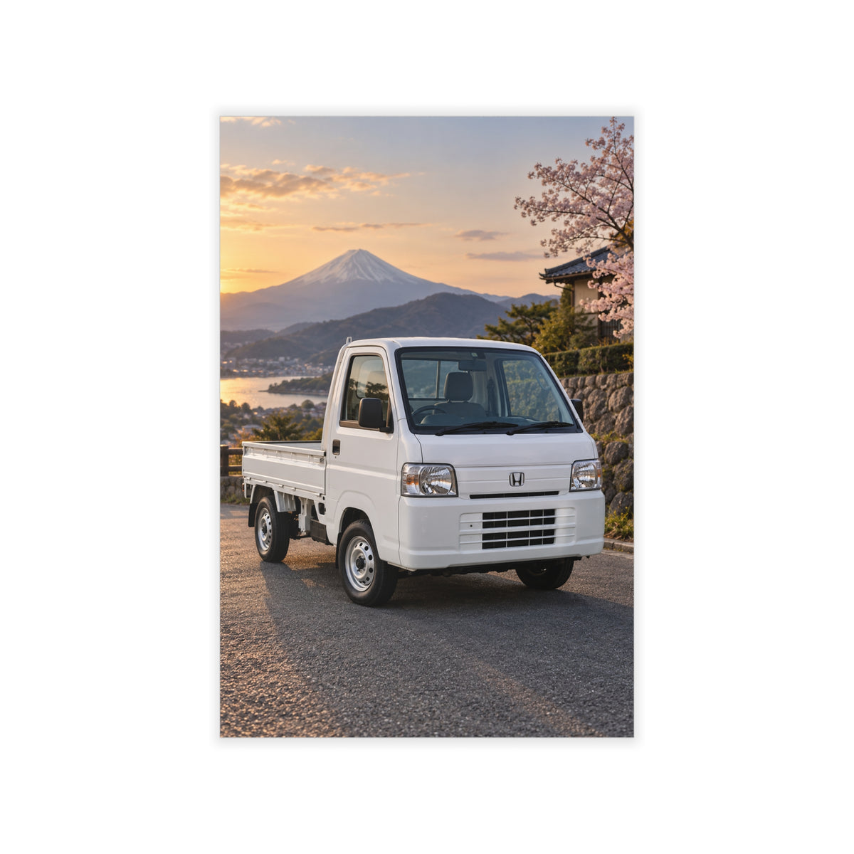 Mini Truck Wall Decal – Japanese Kei Truck with Mt. Fuji & Cherry Blossoms Scenic Sticker