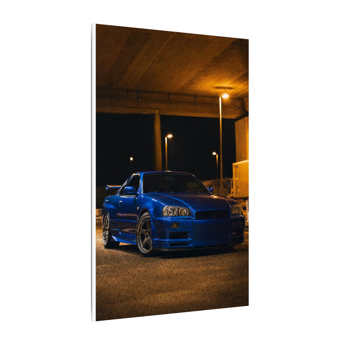 Nissan Skyline GT-R R34 Canvas Wall Art — Bayside Blue Night Photoreal JDM Car Art