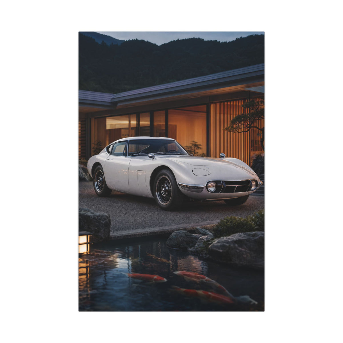 Toyota 2000GT Canvas Wall Art — Koi Pond Villa Photoreal Classic JDM Car Art