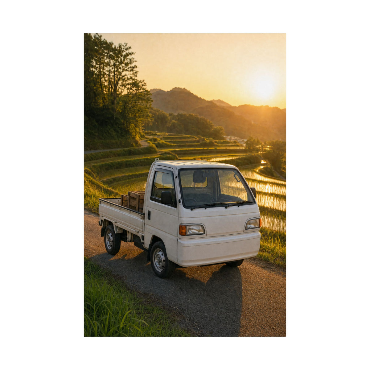Honda Acty Kei Truck Poster — Rice Terrace Sunset Photoreal JDM Wall Art