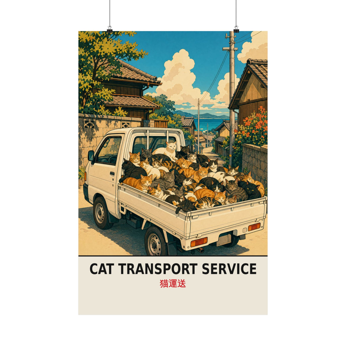 Funny Kei Truck Poster — Cat Transport Service Mini Truck Wall Art