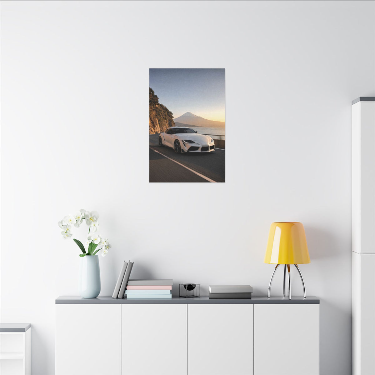 Toyota GR Supra A90 Canvas Wall Art — Mt. Fuji Coast Photoreal JDM Car Art