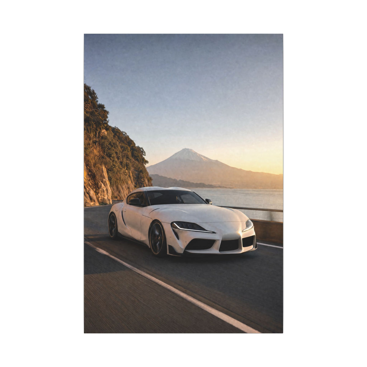 Toyota GR Supra A90 Canvas Wall Art — Mt. Fuji Coast Photoreal JDM Car Art