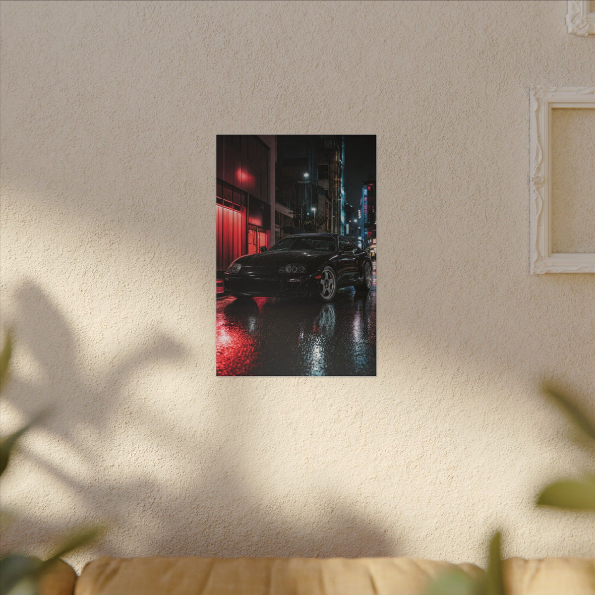 Toyota Supra MK4 Canvas Wall Art — Tokyo Night Rain Photoreal JDM Car Art