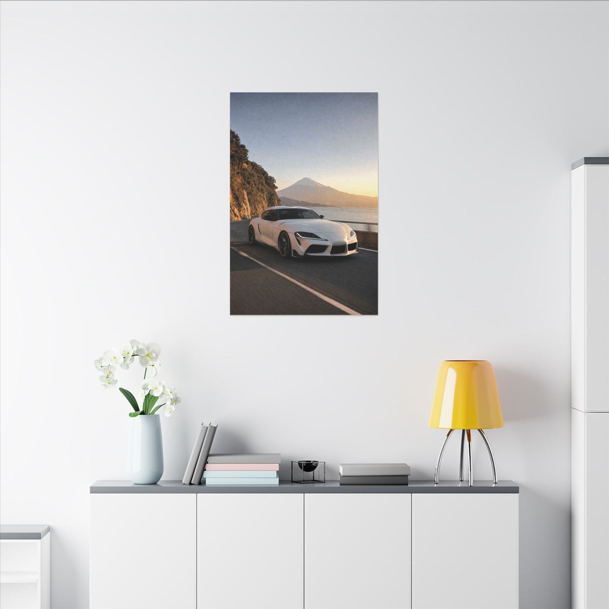 Toyota GR Supra A90 Canvas Wall Art — Mt. Fuji Coast Photoreal JDM Car Art