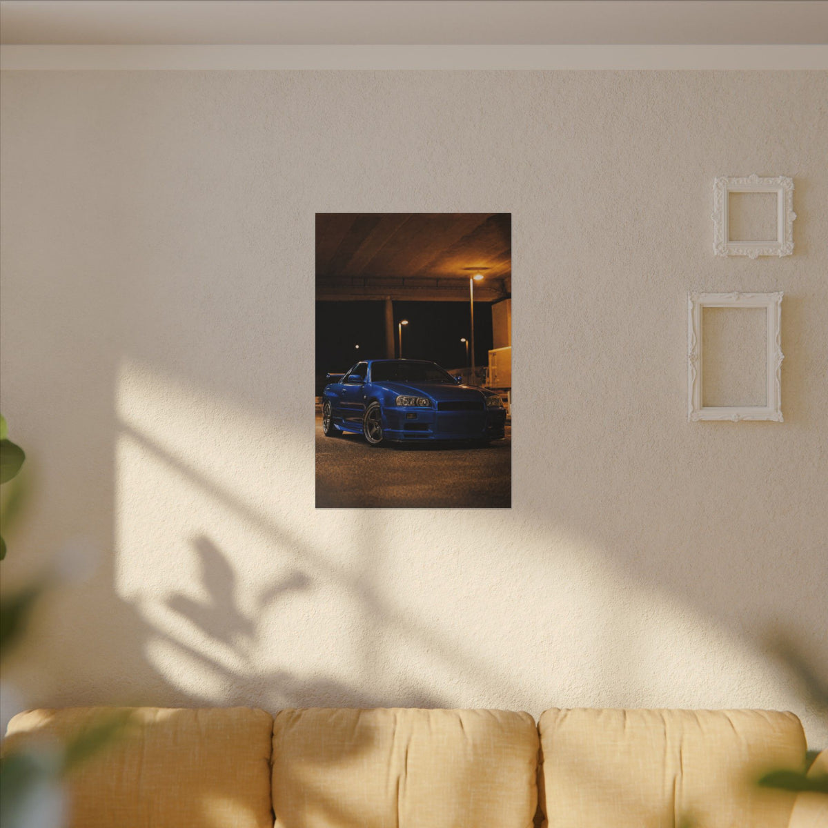 Nissan Skyline GT-R R34 Canvas Wall Art — Bayside Blue Night Photoreal JDM Car Art