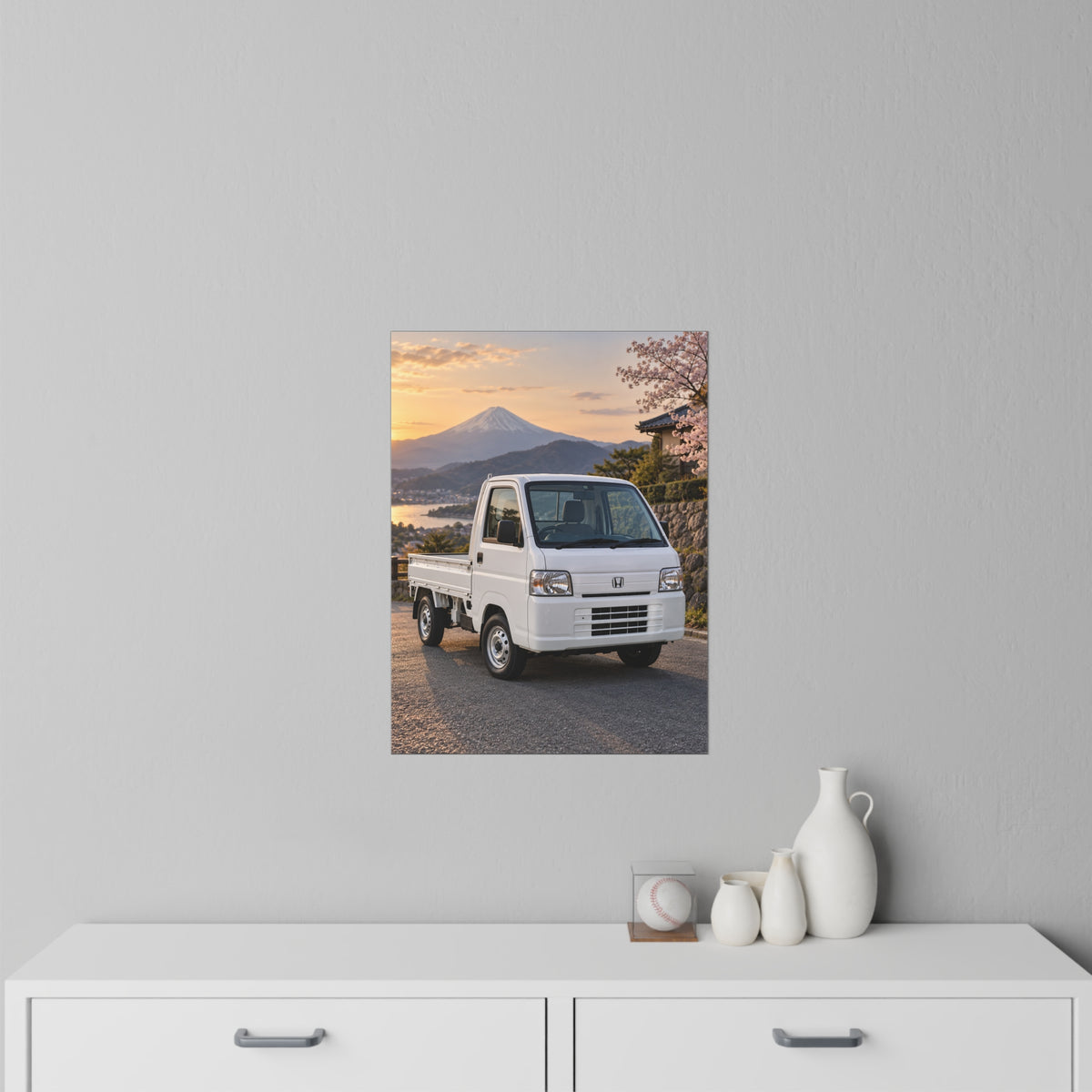 Mini Truck Wall Decal – Japanese Kei Truck with Mt. Fuji & Cherry Blossoms Scenic Sticker