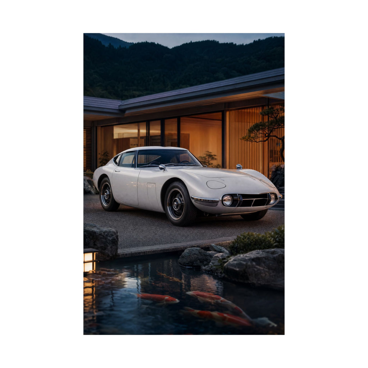 Toyota 2000GT Poster — Koi Pond Villa Photoreal Classic JDM Wall Art
