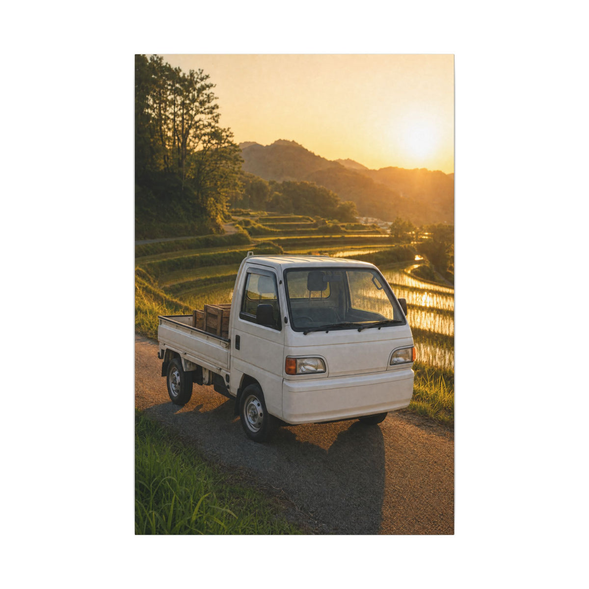 Honda Acty Kei Truck Canvas Wall Art — Rice Terrace Sunset Photoreal JDM Car Art