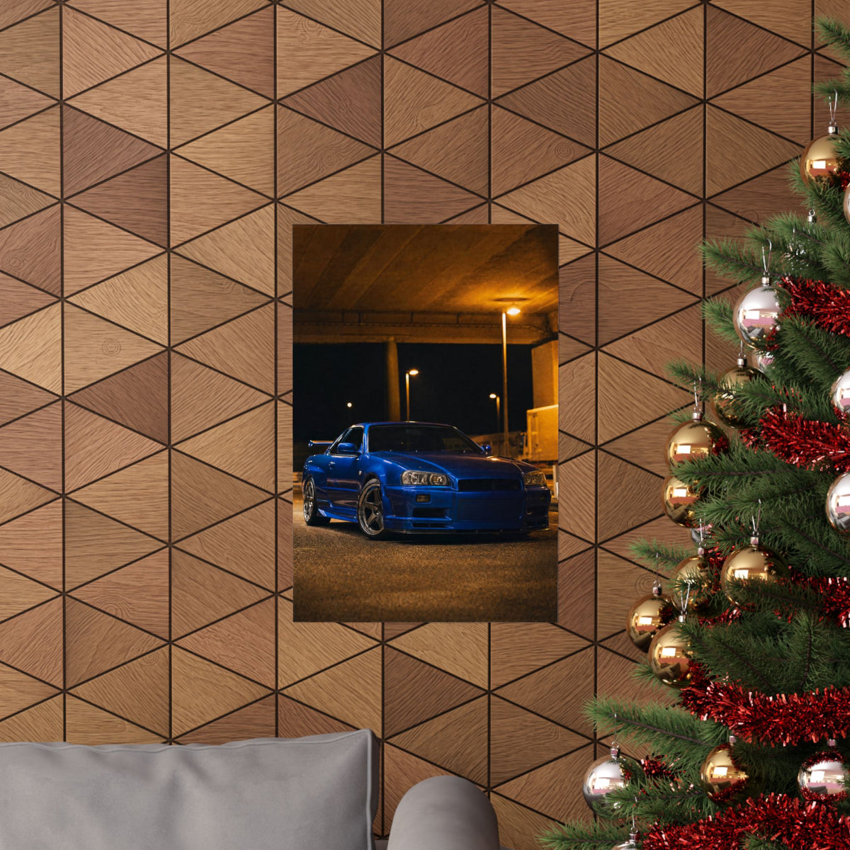 Nissan Skyline GT-R R34 Poster — Bayside Blue Night Photoreal JDM Wall Art