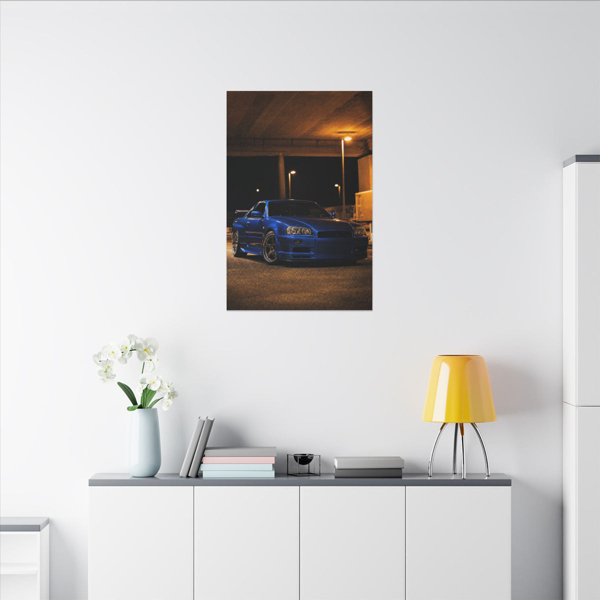Nissan Skyline GT-R R34 Canvas Wall Art — Bayside Blue Night Photoreal JDM Car Art