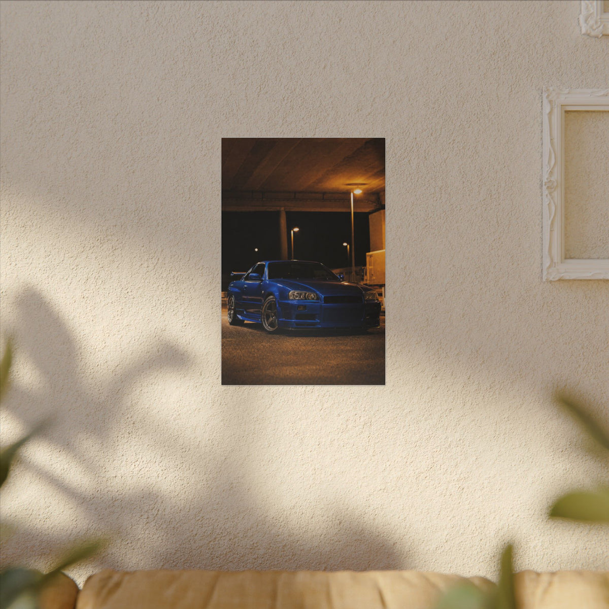 Nissan Skyline GT-R R34 Canvas Wall Art — Bayside Blue Night Photoreal JDM Car Art