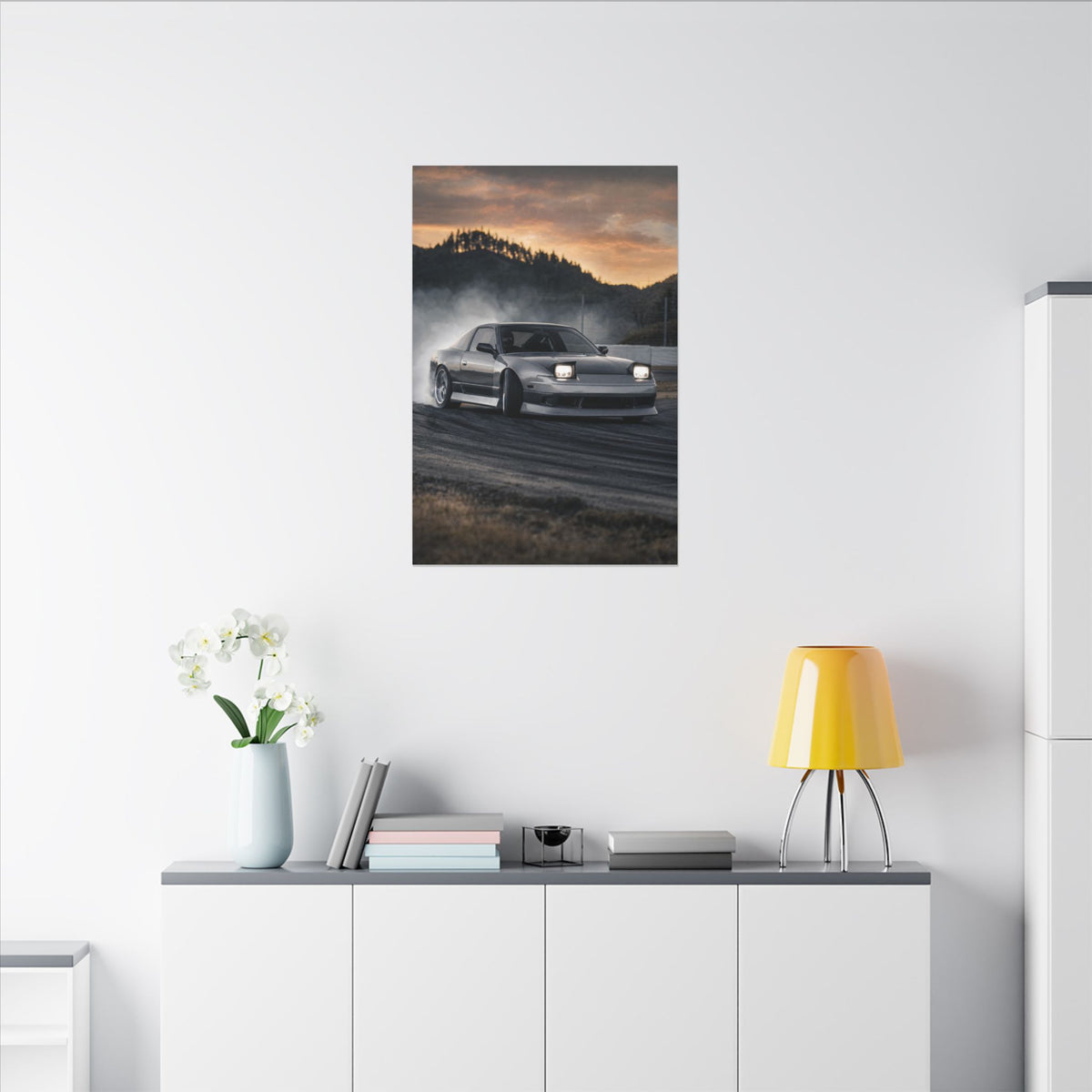 Nissan Silvia S13 Canvas Wall Art — Drift Smoke Photoreal JDM Car Art