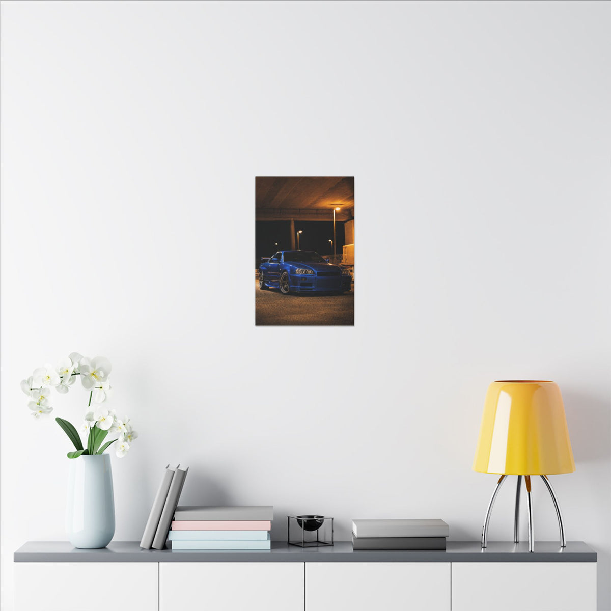 Nissan Skyline GT-R R34 Canvas Wall Art — Bayside Blue Night Photoreal JDM Car Art