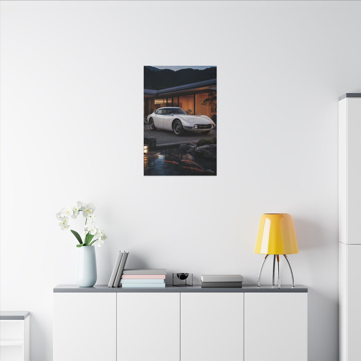 Toyota 2000GT Canvas Wall Art — Koi Pond Villa Photoreal Classic JDM Car Art
